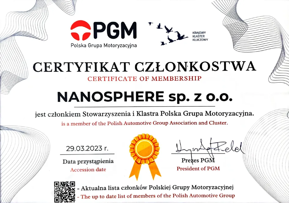 NanoShell Certyfikat Polska Grupa Motoryzacyjna
